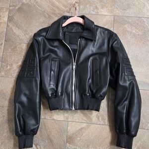 GIVENCHY Black Leather Bomber Jacket Cropped GIVENCHY Logo Embossed Womens